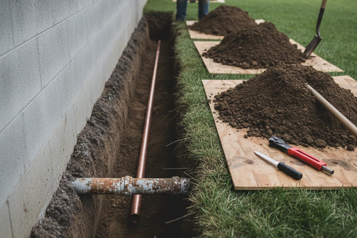 Excavated water line trench during Water Heater Repair in Guilford
